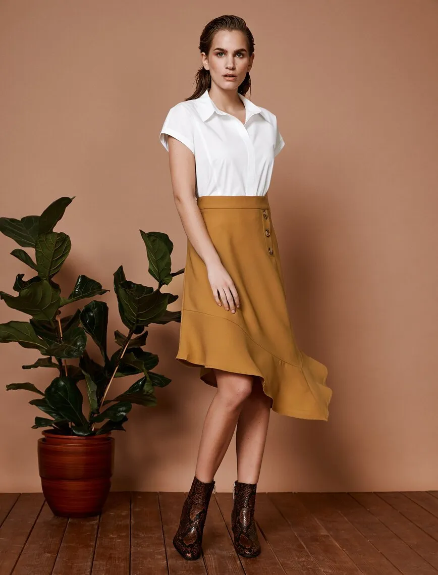 11866 Camel Button Detailed Midi Skirt