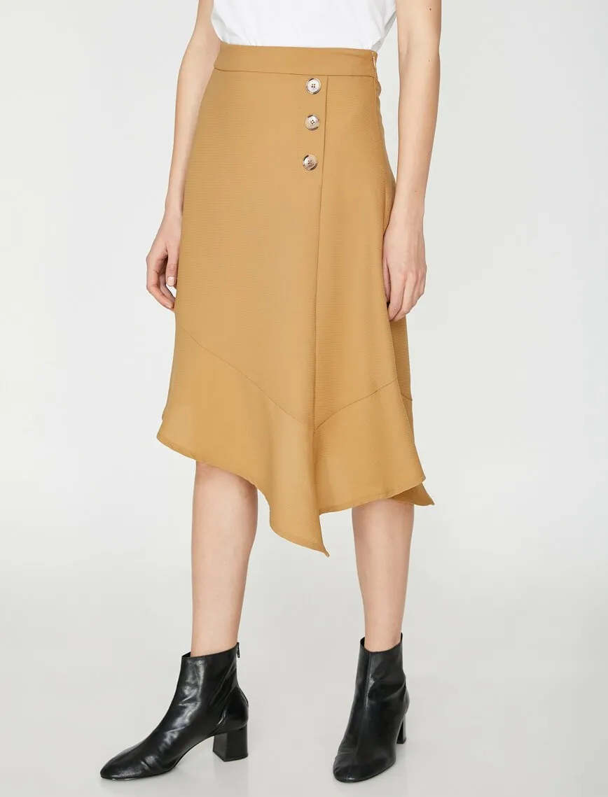 11866 Camel Button Detailed Midi Skirt