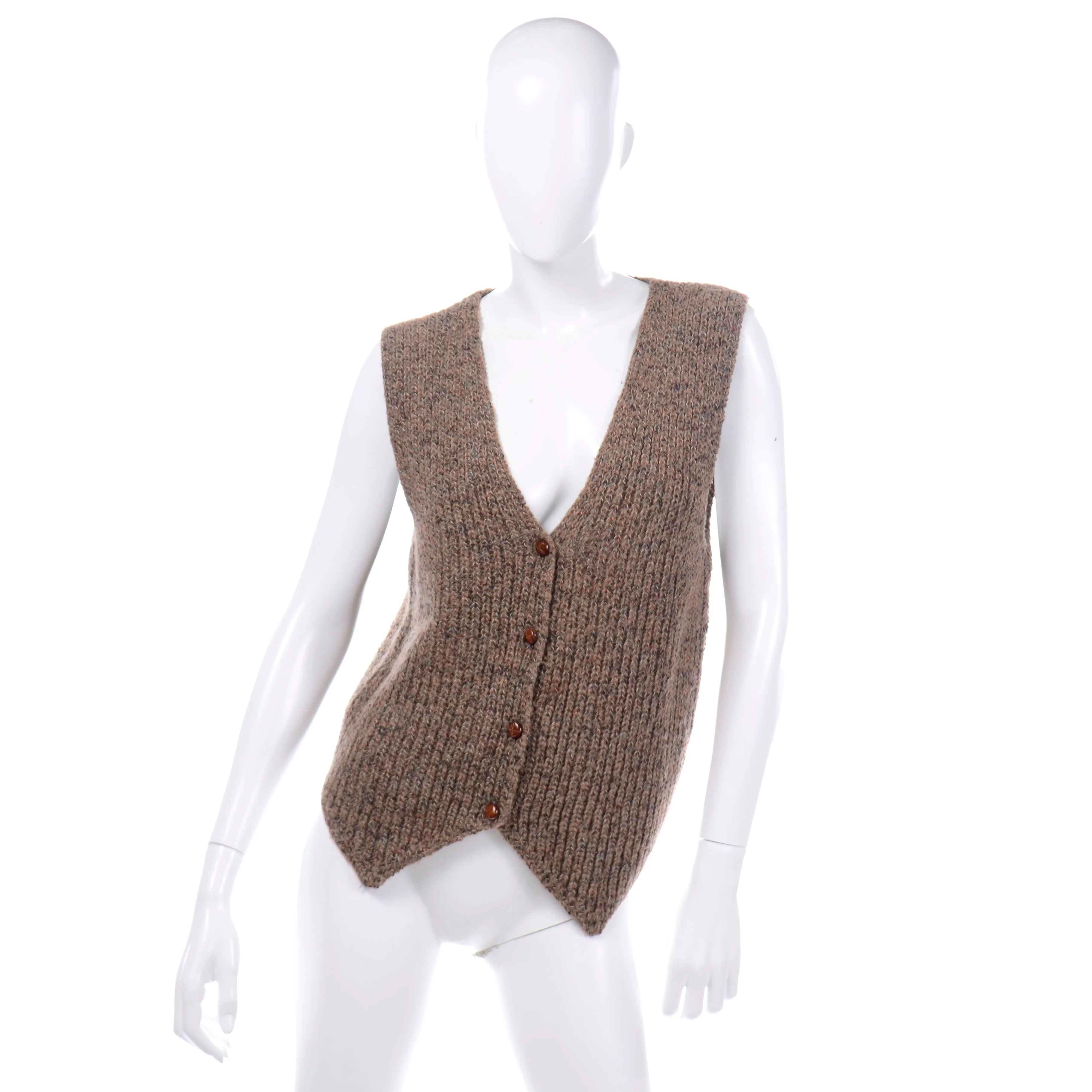 1970's Anne Klein Brown Mohair Blend Pointed Hem Sweater Vest