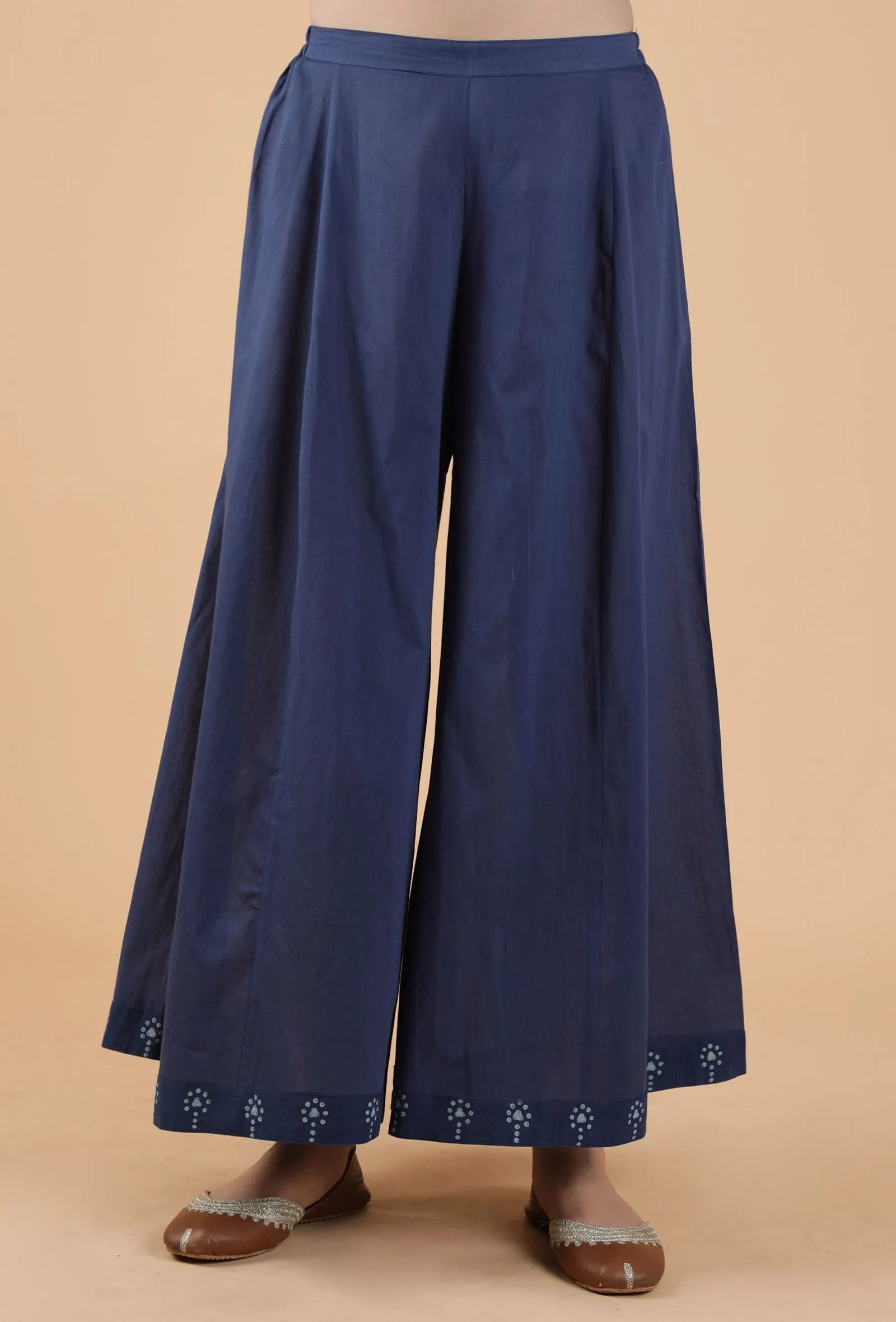 Aadhila Indigo Solid Blue Flared Kalidar Palazzo Pants With Print Border