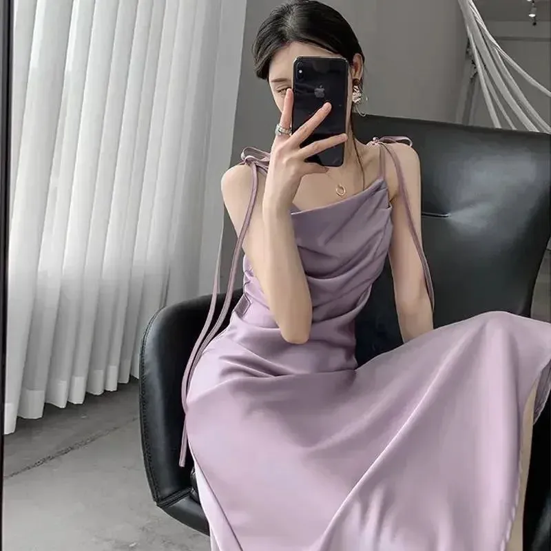 Aiertu Purple Satin Slip Midi Dress Women Vintage Korean Fashion Lace-up Spaghetti Strap Elegant Party Dresses 2024 Summer