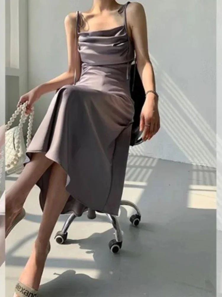 Aiertu Purple Satin Slip Midi Dress Women Vintage Korean Fashion Lace-up Spaghetti Strap Elegant Party Dresses 2024 Summer