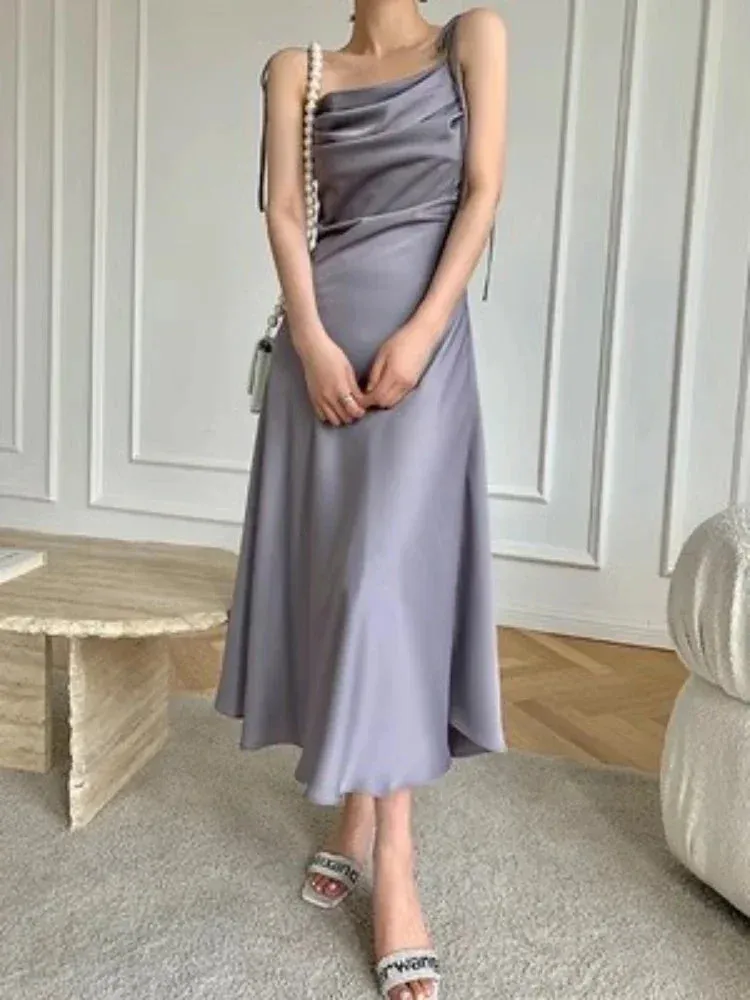 Aiertu Purple Satin Slip Midi Dress Women Vintage Korean Fashion Lace-up Spaghetti Strap Elegant Party Dresses 2024 Summer