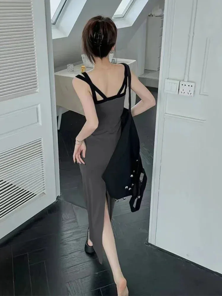 Aiertu Sexy Backless Slip Midi Split Dresses Women Korean Fashion Spaghetti Strap Vintage Casual Black Dress 2024 Summer Sundress