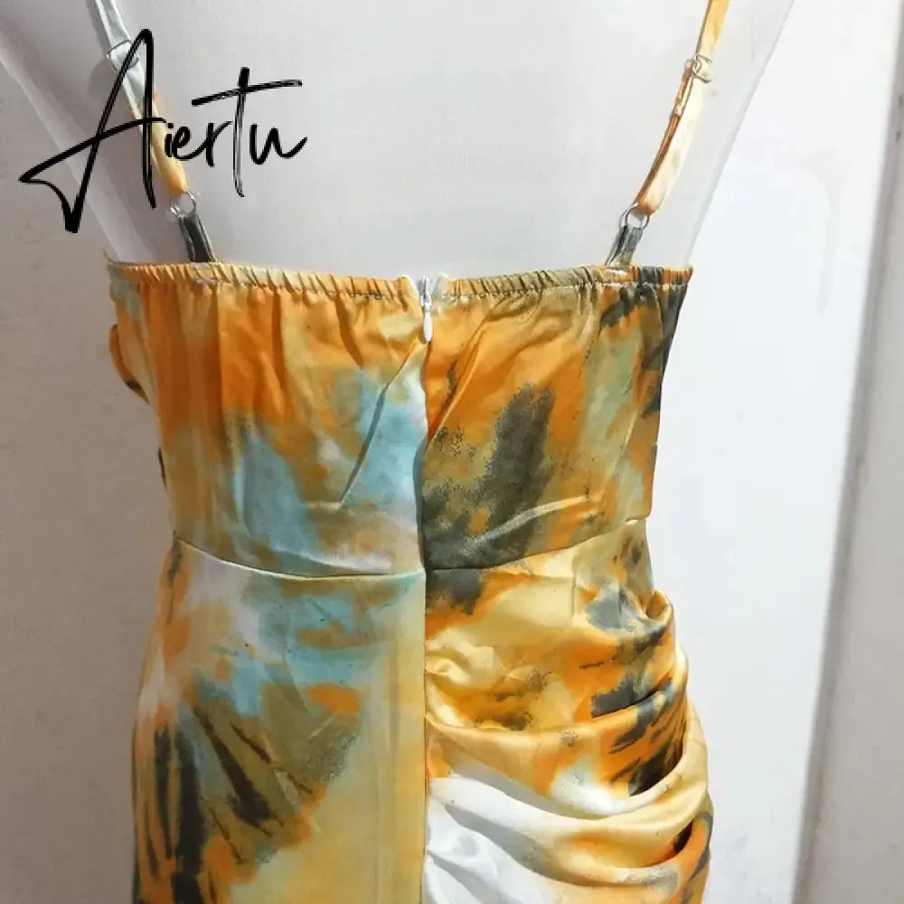 Aiertu Summer Loose Dress Fashion Women Strappy Backless Sexy Cotton S With Slit Slip Yellow Midi With Floral Pattern Sleeveless