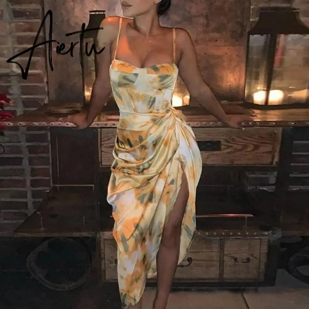 Aiertu Summer Loose Dress Fashion Women Strappy Backless Sexy Cotton S With Slit Slip Yellow Midi With Floral Pattern Sleeveless