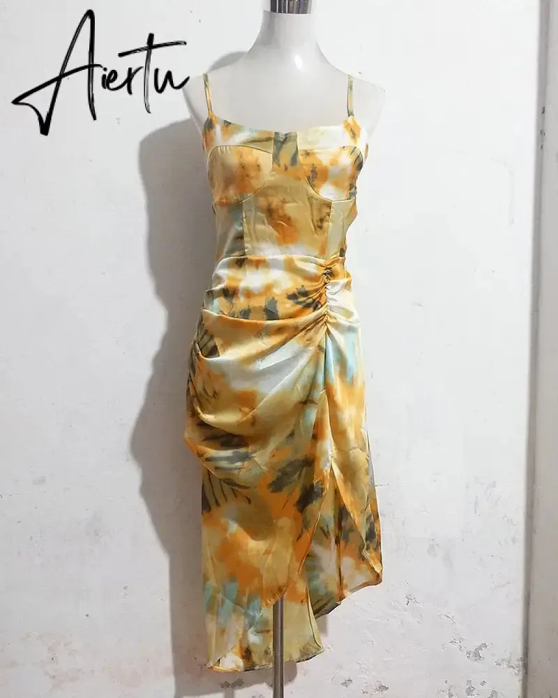 Aiertu Summer Loose Dress Fashion Women Strappy Backless Sexy Cotton S With Slit Slip Yellow Midi With Floral Pattern Sleeveless