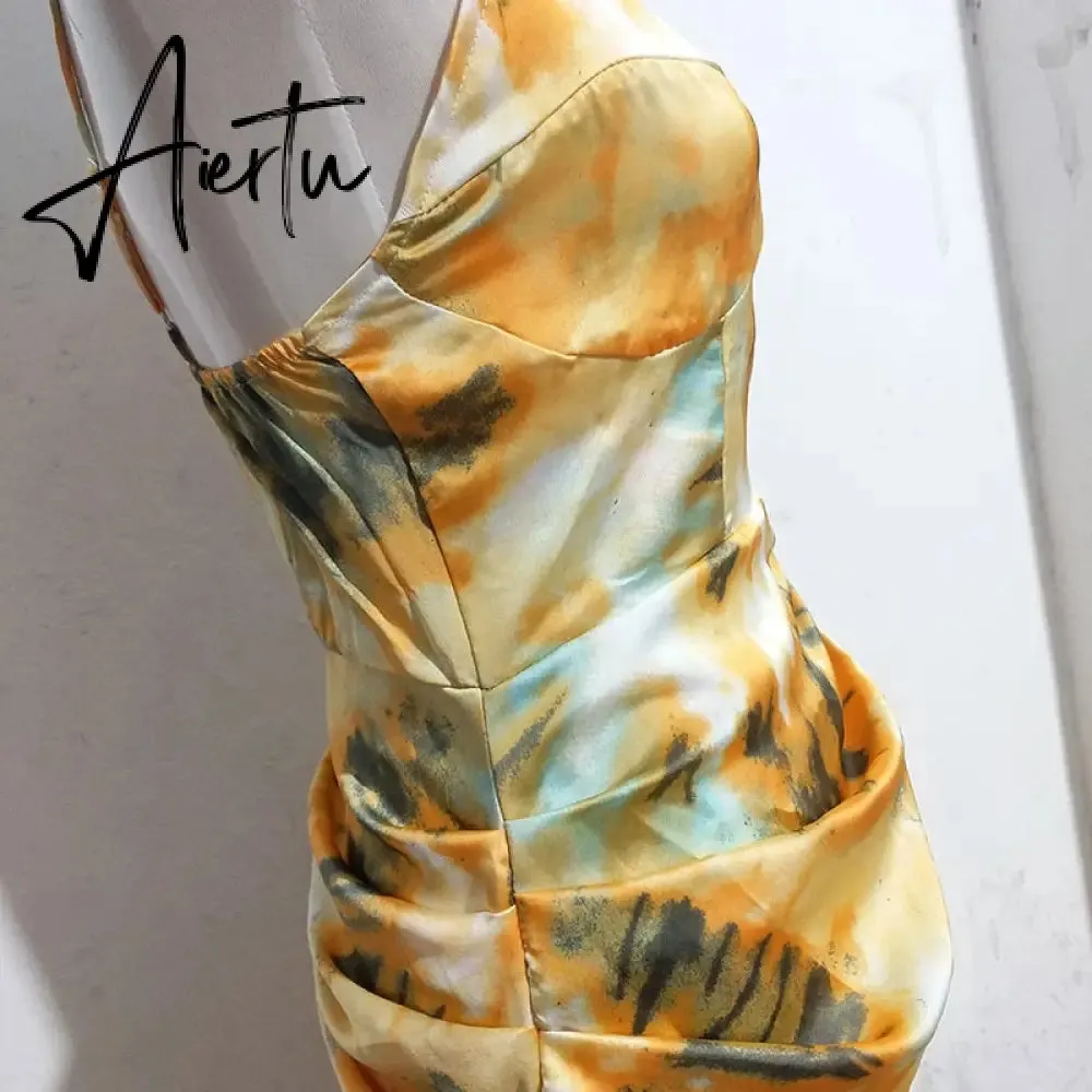 Aiertu Summer Loose Dress Fashion Women Strappy Backless Sexy Cotton S With Slit Slip Yellow Midi With Floral Pattern Sleeveless