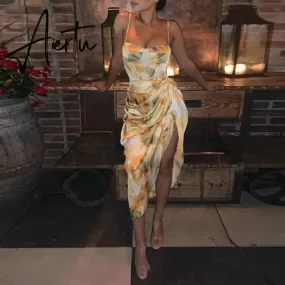 Aiertu Summer Loose Dress Fashion Women Strappy Backless Sexy Cotton S With Slit Slip Yellow Midi With Floral Pattern Sleeveless