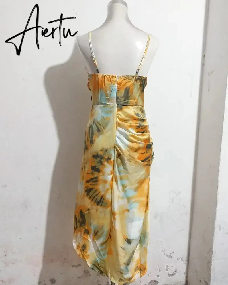 Aiertu Summer Loose Dress Fashion Women Strappy Backless Sexy Cotton S With Slit Slip Yellow Midi With Floral Pattern Sleeveless