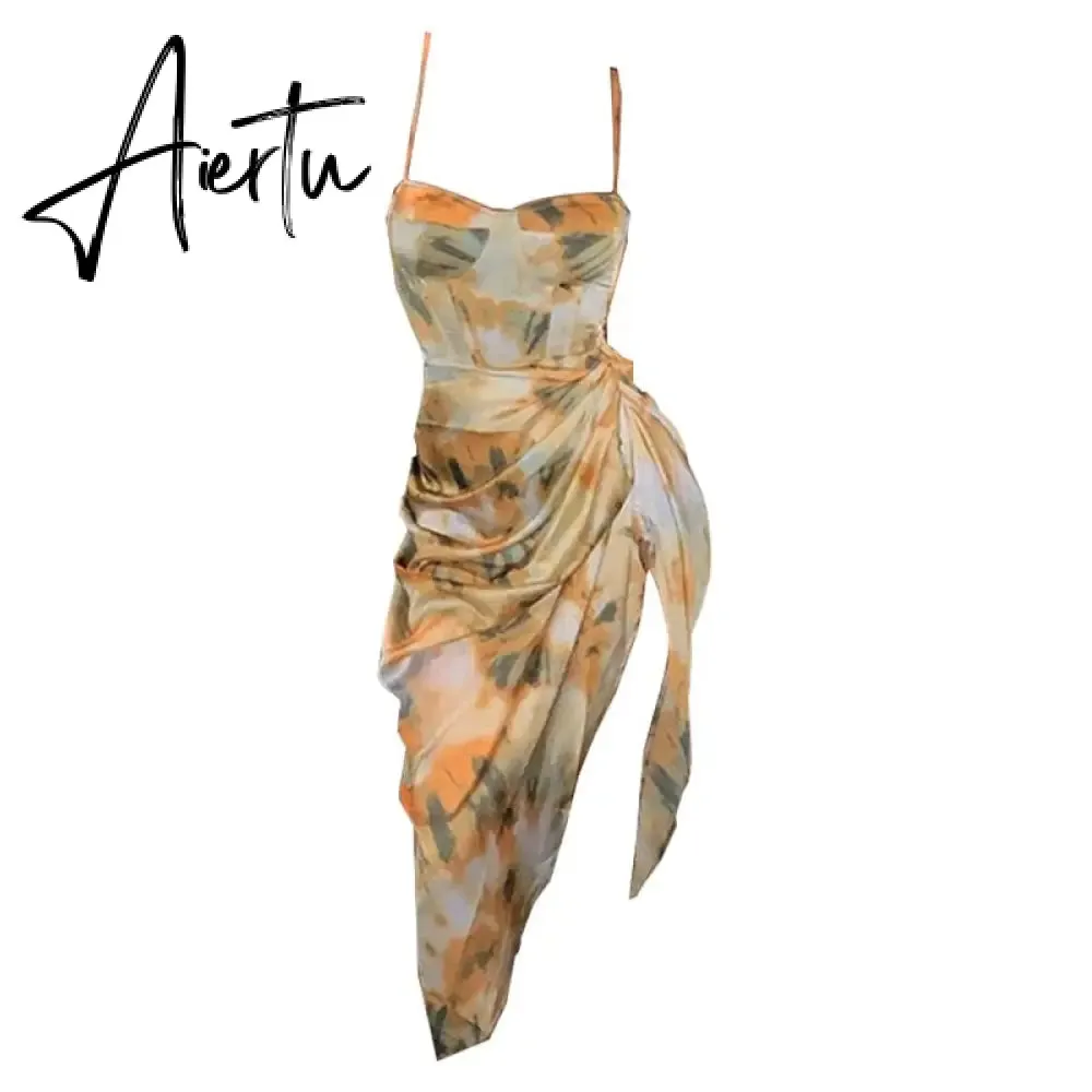 Aiertu Summer Loose Dress Fashion Women Strappy Backless Sexy Cotton S With Slit Slip Yellow Midi With Floral Pattern Sleeveless