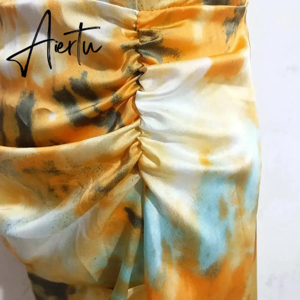 Aiertu Summer Loose Dress Fashion Women Strappy Backless Sexy Cotton S With Slit Slip Yellow Midi With Floral Pattern Sleeveless