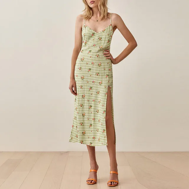 Amanda Green High Slit  Slip Lady Midi Dress