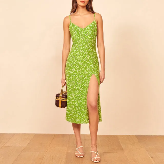 Amanda Green High Slit  Slip Lady Midi Dress