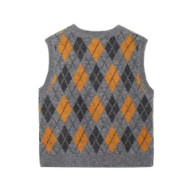 Amozae 1980s fashion trends 2024 Autumn Fashion Diamond Pattern Jacquard Knitted Vest Women's Clothing