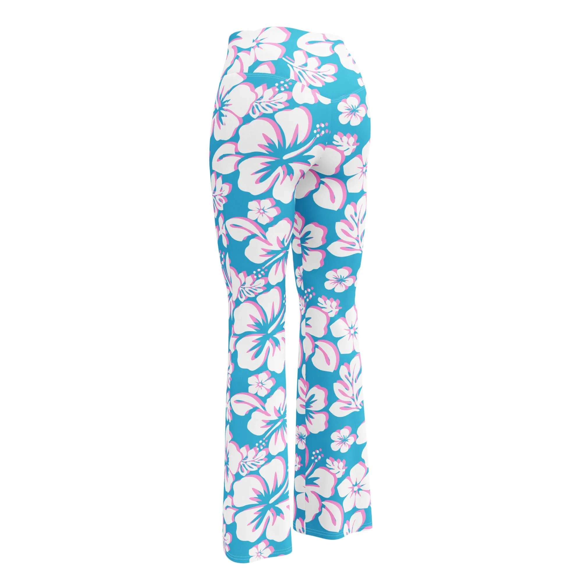 Aqua Blue, Pink and White Hawaiian Flowers Flare Leggings