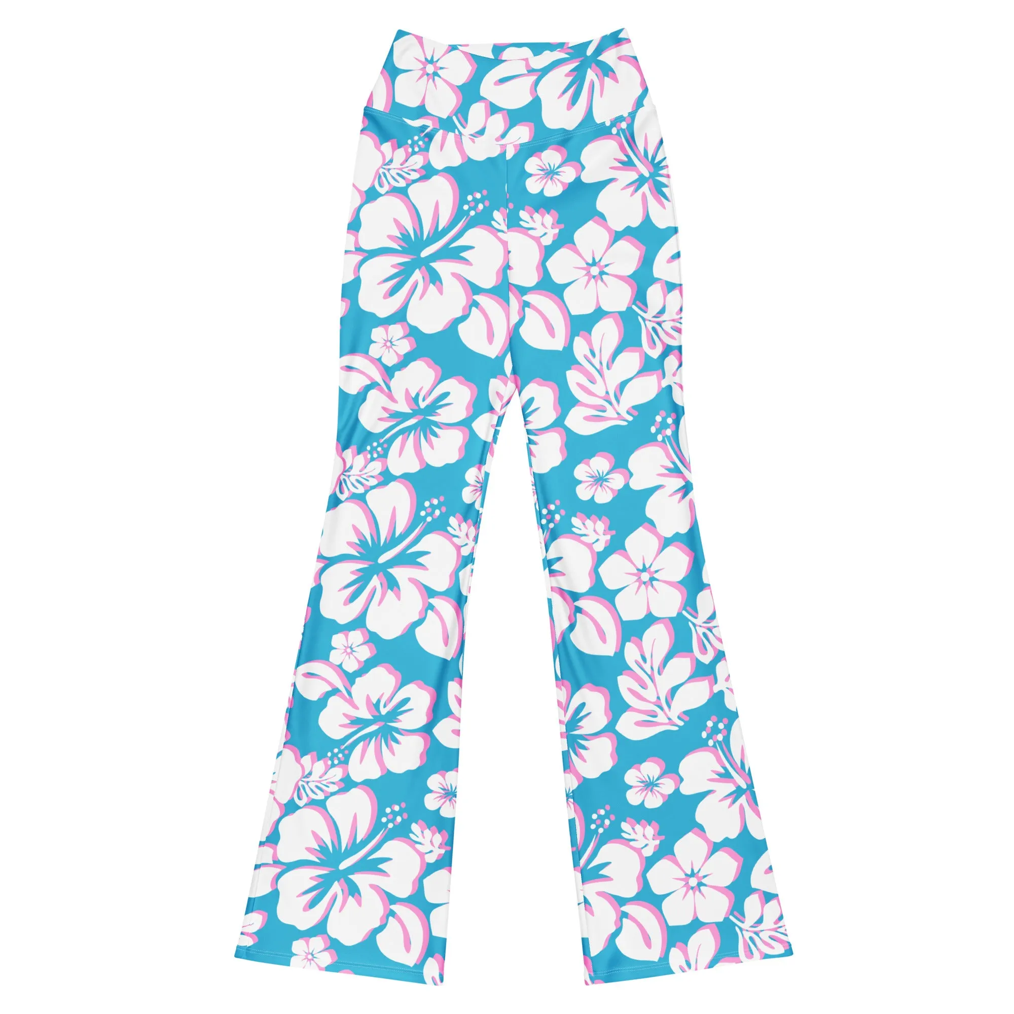 Aqua Blue, Pink and White Hawaiian Flowers Flare Leggings