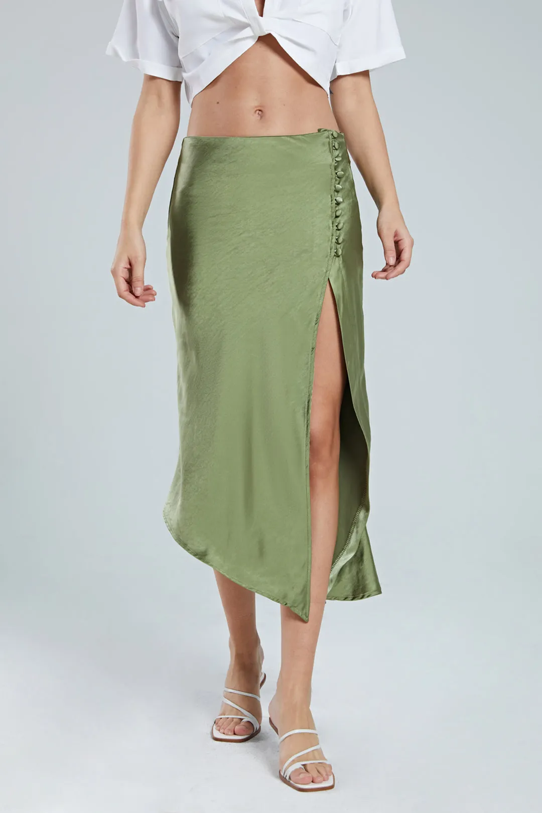 Asymmetric Hem Slit Button Deco Skirt