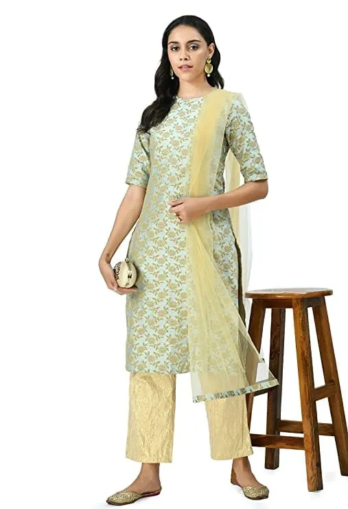 Bahrupiya Clothing Floral Embroidery Straight Kurta Set with Straight Pant & Dupatta Set for Women