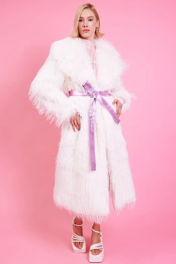 Bamboo Faux Mongolian Fur Coat - Cream