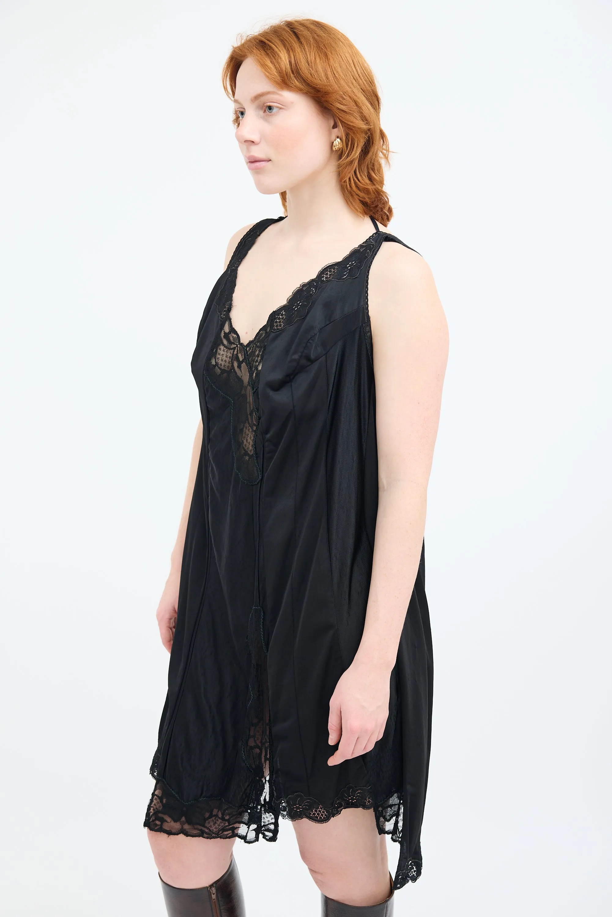 Black Asymmetric Lace Slip Dress