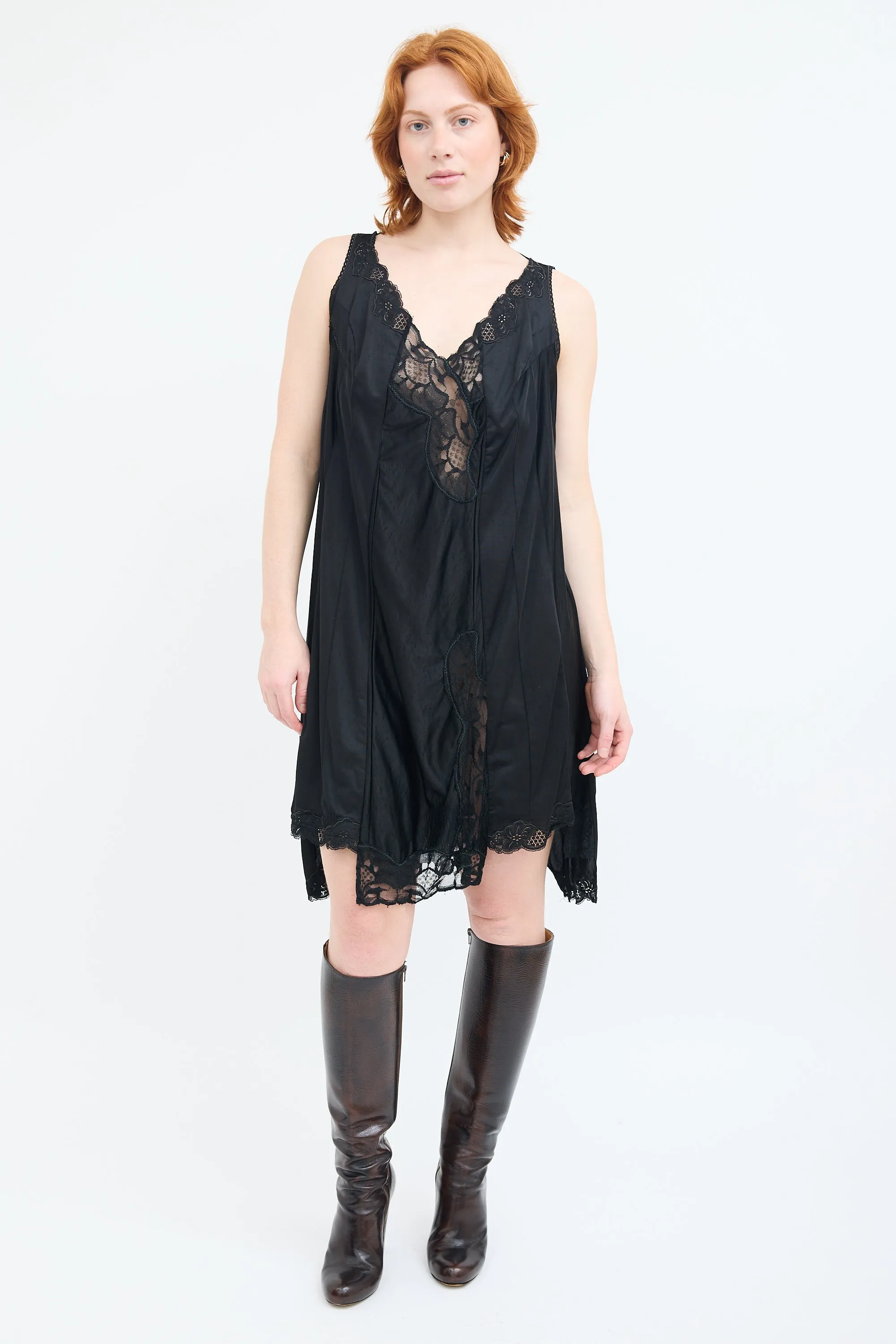 Black Asymmetric Lace Slip Dress