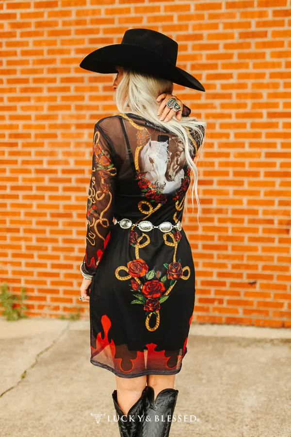 Black Mesh Horse Printed Dress