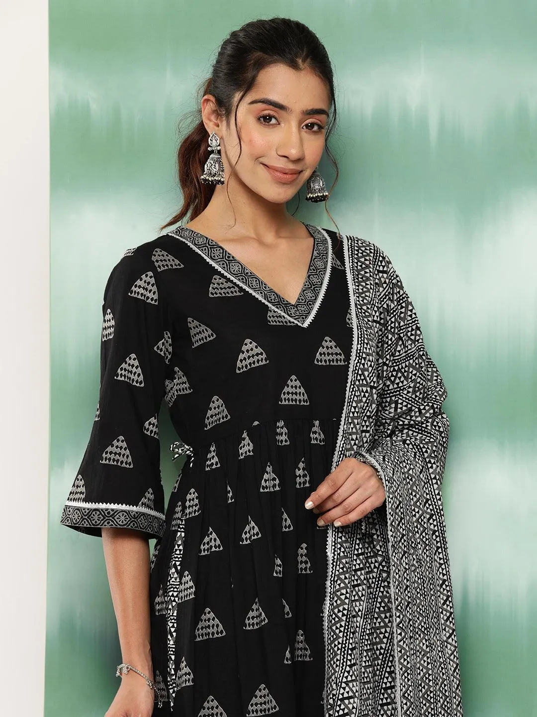 Black Printed Cotton A-Line Kurta With Trousers and Dupatta