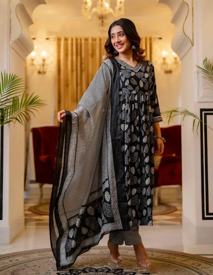 Black Viscose Printed Suit Set with Chanderi Cotton Dupatta