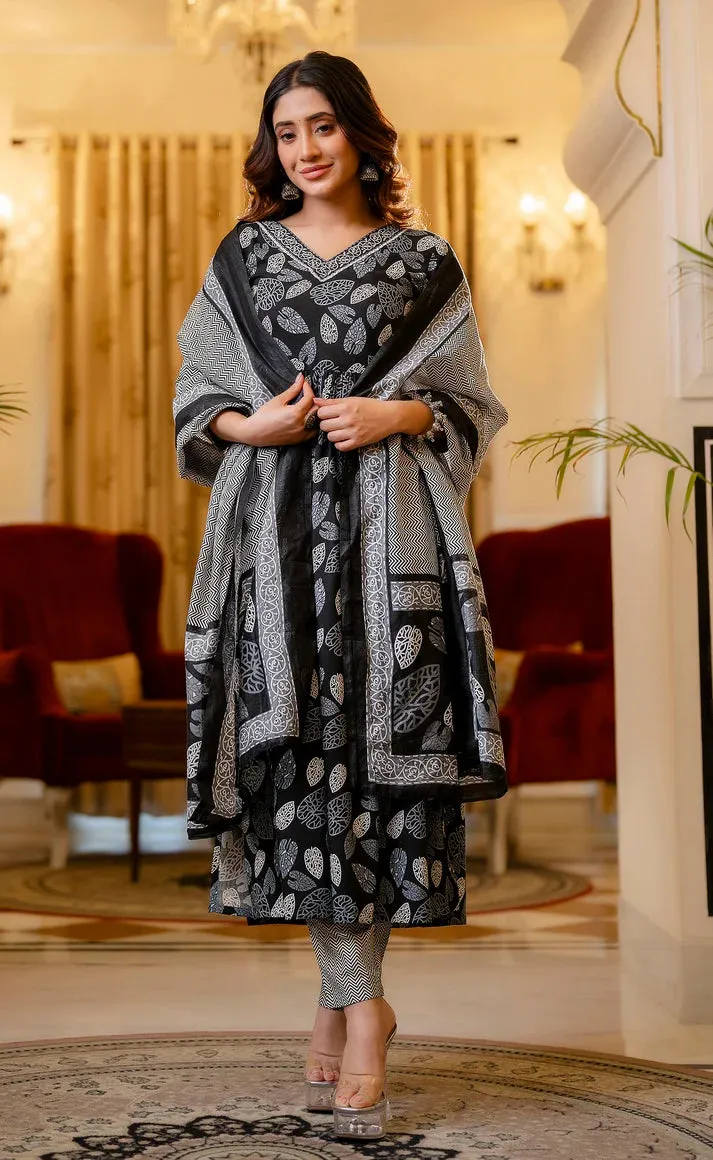 Black Viscose Printed Suit Set with Chanderi Cotton Dupatta