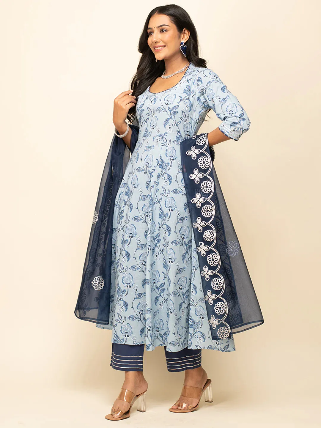 Blue Cotton Leaf Print A Line Suit Set with Gota Lace Work Organza Dupatta