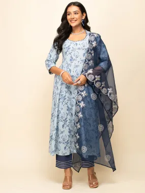 Blue Cotton Leaf Print A Line Suit Set with Gota Lace Work Organza Dupatta