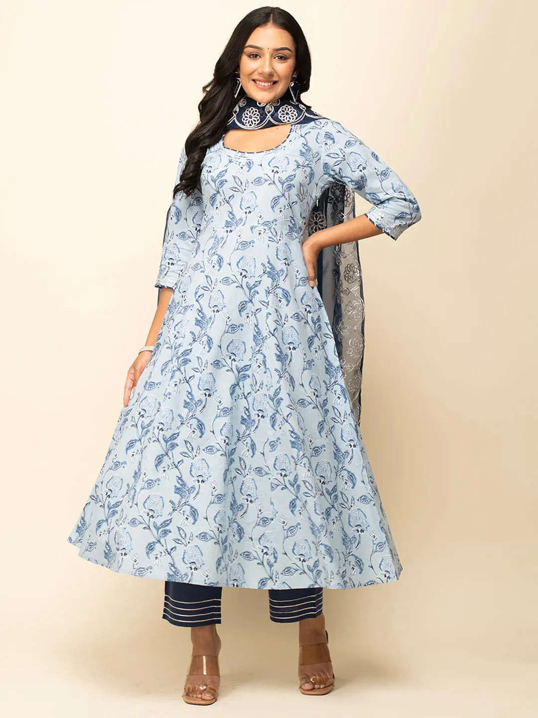 Blue Cotton Leaf Print A Line Suit Set with Gota Lace Work Organza Dupatta