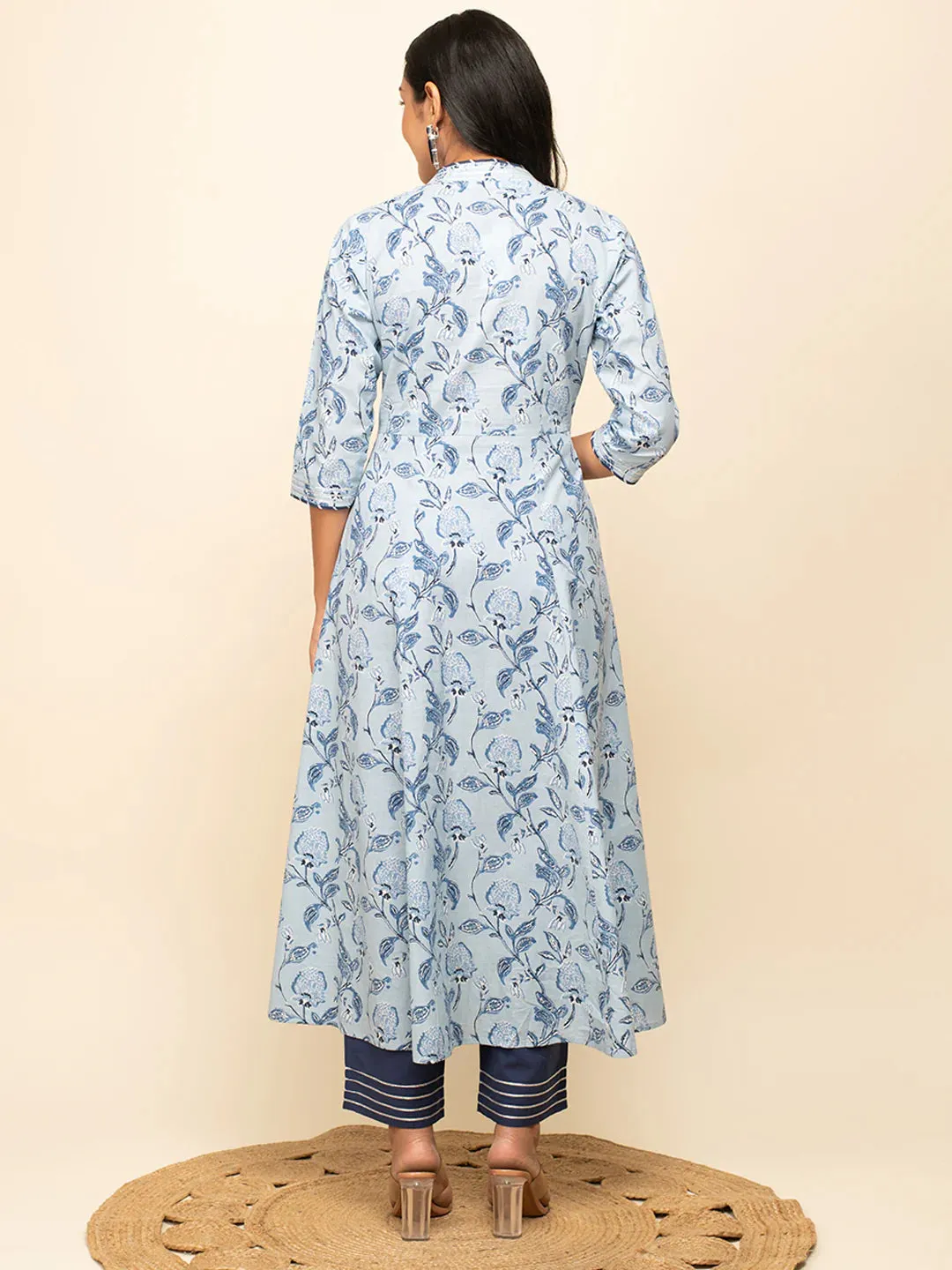 Blue Cotton Leaf Print A Line Suit Set with Gota Lace Work Organza Dupatta