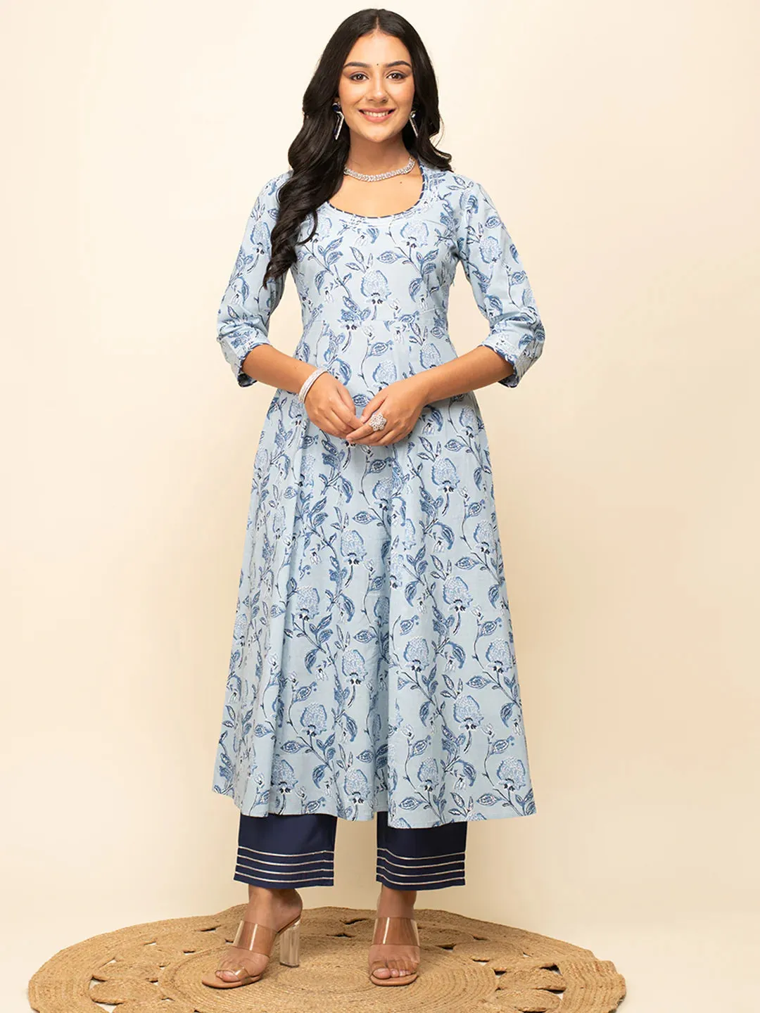 Blue Cotton Leaf Print A Line Suit Set with Gota Lace Work Organza Dupatta