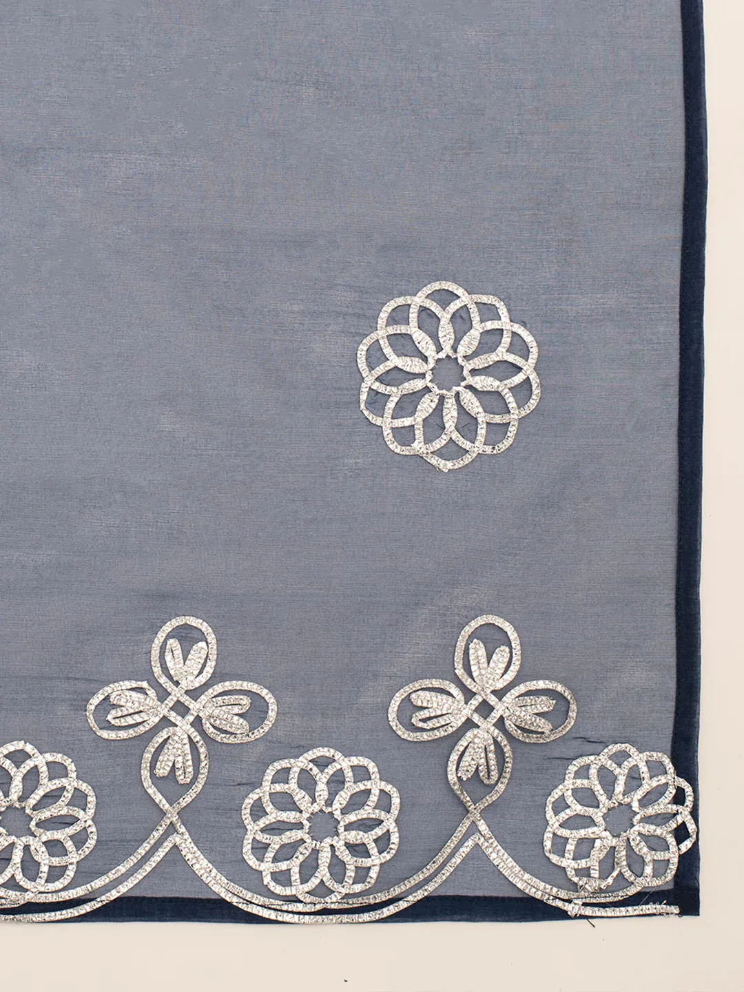 Blue Cotton Leaf Print A Line Suit Set with Gota Lace Work Organza Dupatta