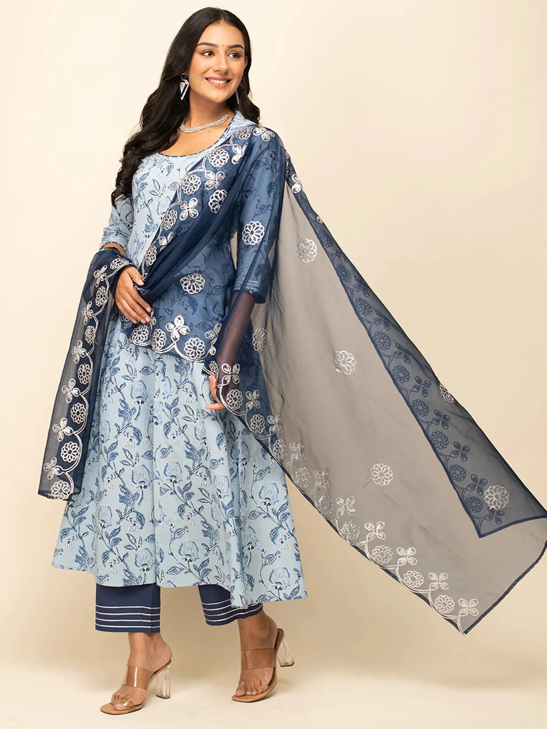 Blue Cotton Leaf Print A Line Suit Set with Gota Lace Work Organza Dupatta