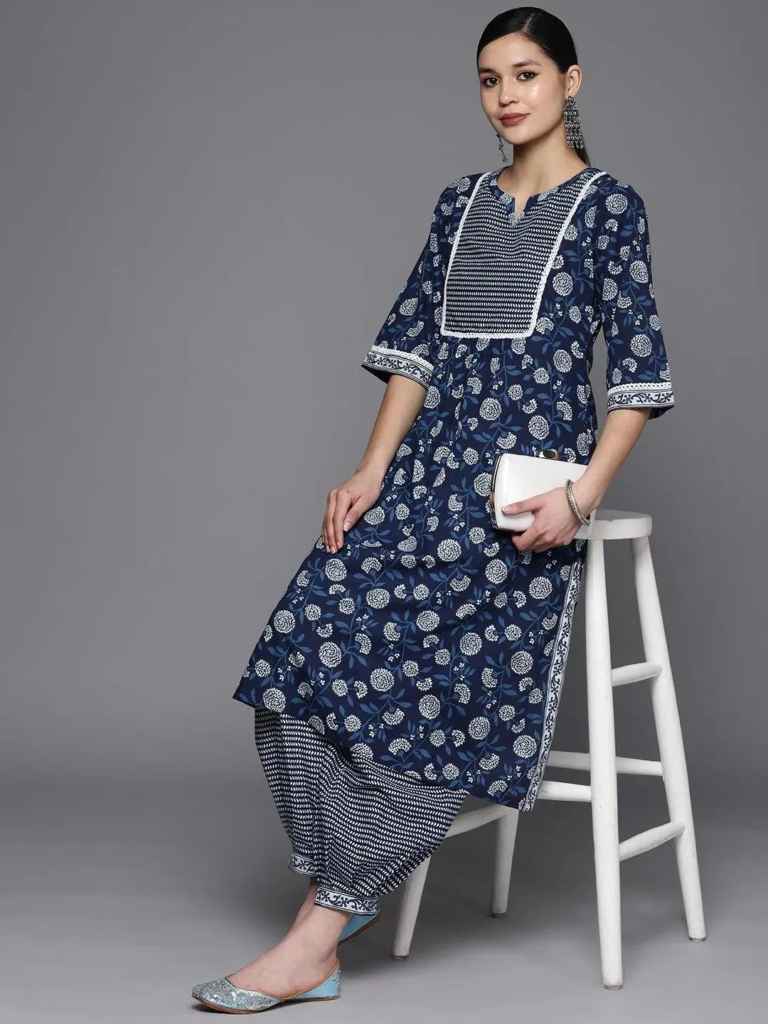 Blue Printed Cotton A-Line Kurta With Salwar