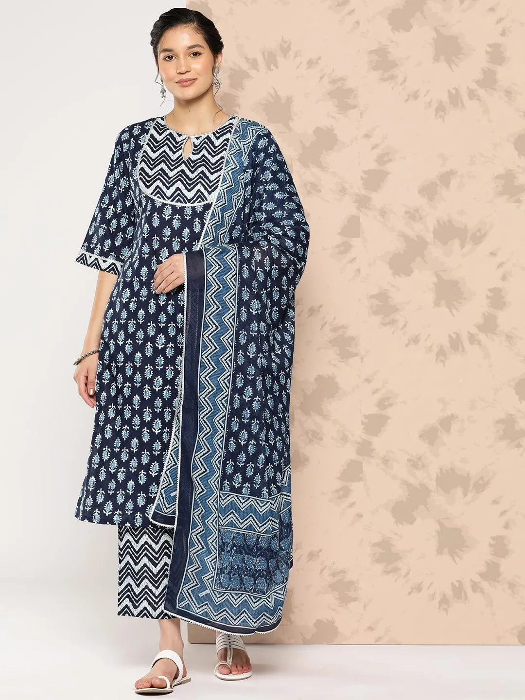 Blue Printed Cotton Straight Kurta With Trousers and Dupatta