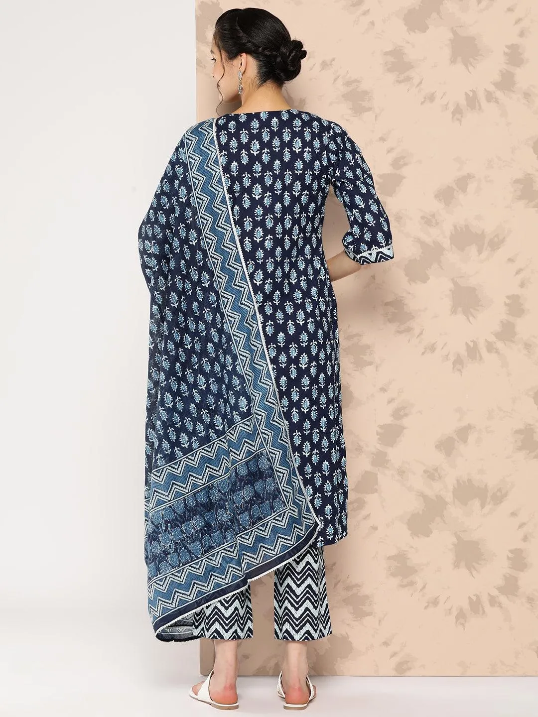 Blue Printed Cotton Straight Kurta With Trousers and Dupatta