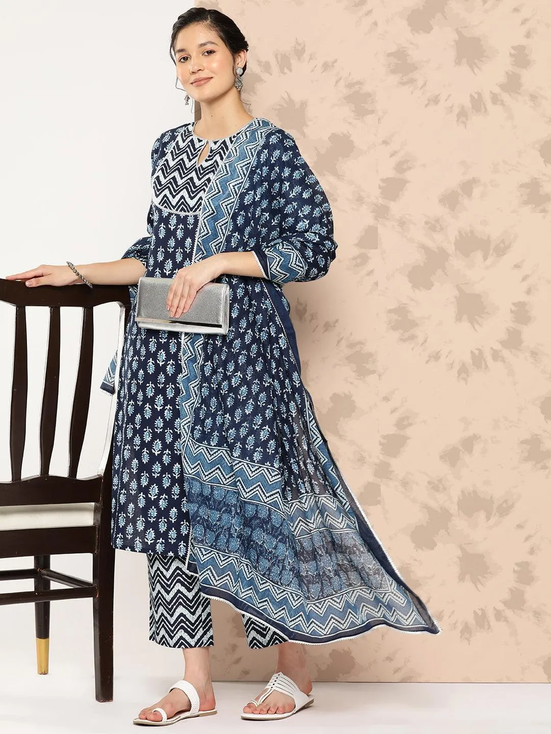 Blue Printed Cotton Straight Kurta With Trousers and Dupatta