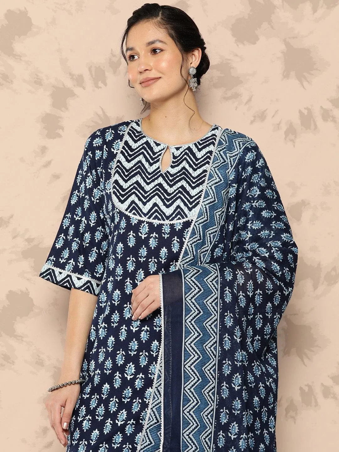 Blue Printed Cotton Straight Kurta With Trousers and Dupatta