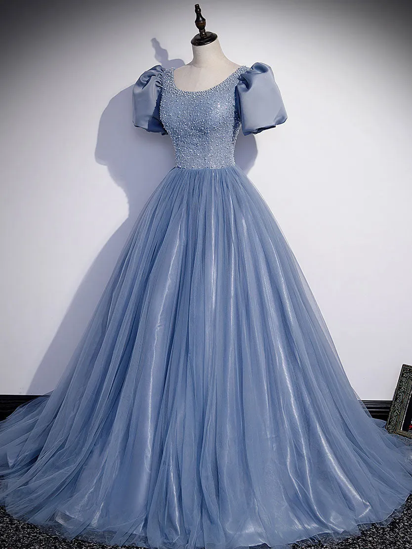 Blue Round Neck Tulle Sequin Beads Long Prom Dress, Blue Evening Dress