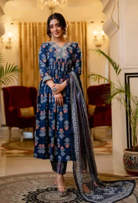 Blue Viscose Printed & Embroidered Anarkali Suit Set with Chanderi Cotton Dupatta