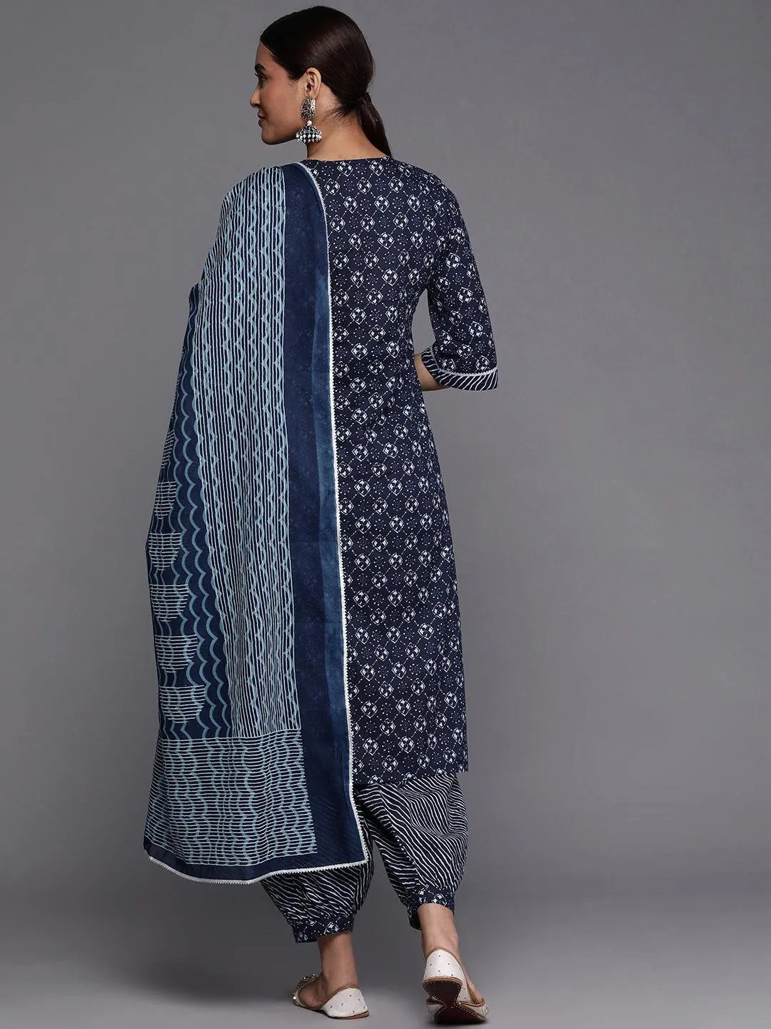 Blue Yoke Design Cotton Straight Kurta With Salwar & Dupatta