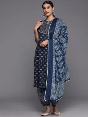 Blue Yoke Design Cotton Straight Kurta With Salwar & Dupatta