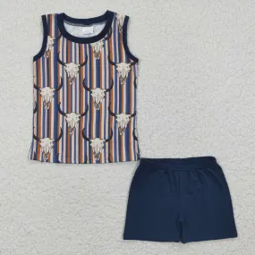 boys cow navy tank tops shorts sets BSSO0217