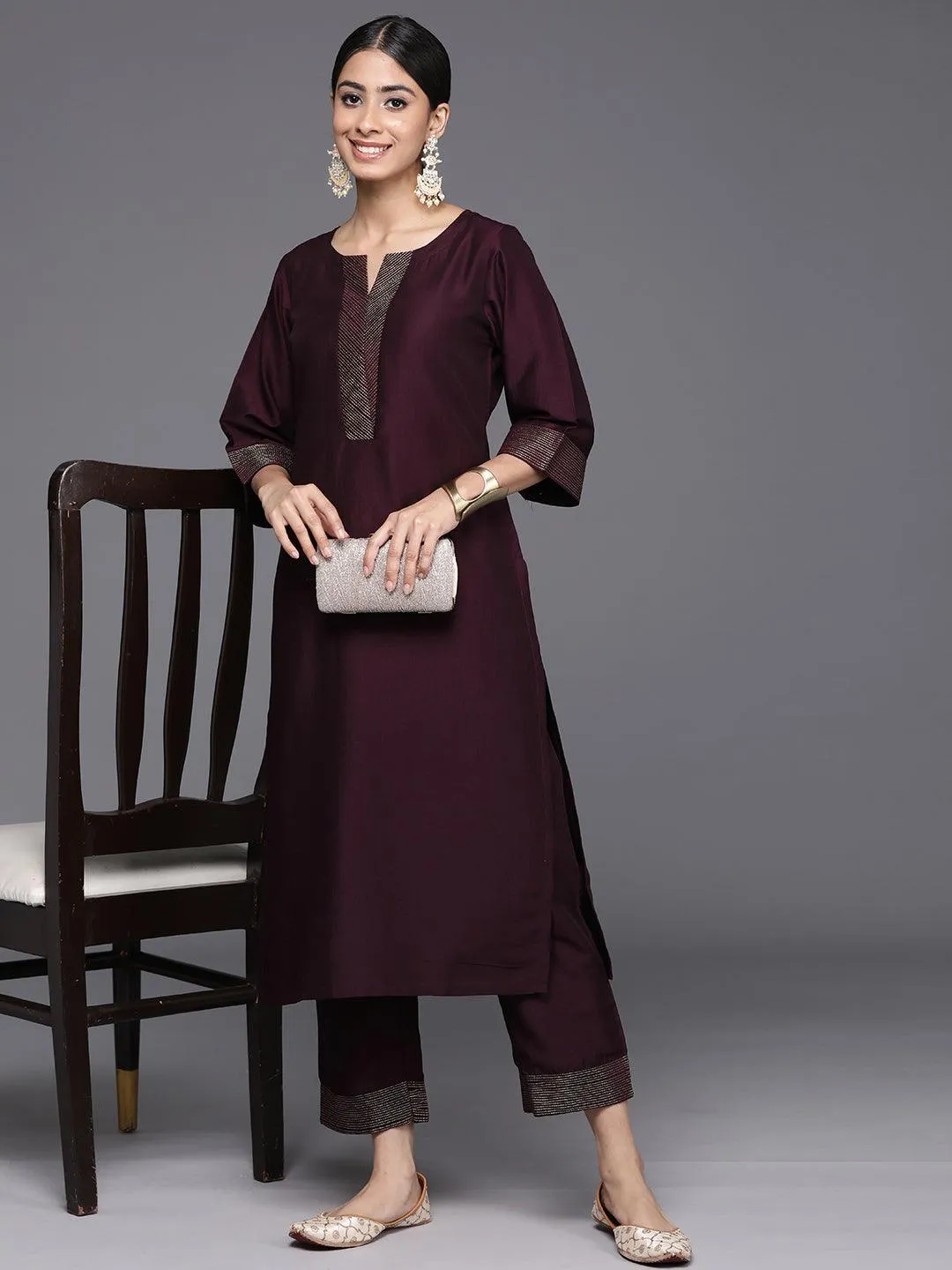 Burgundy Solid Silk Blend Straight Kurta With Trousers