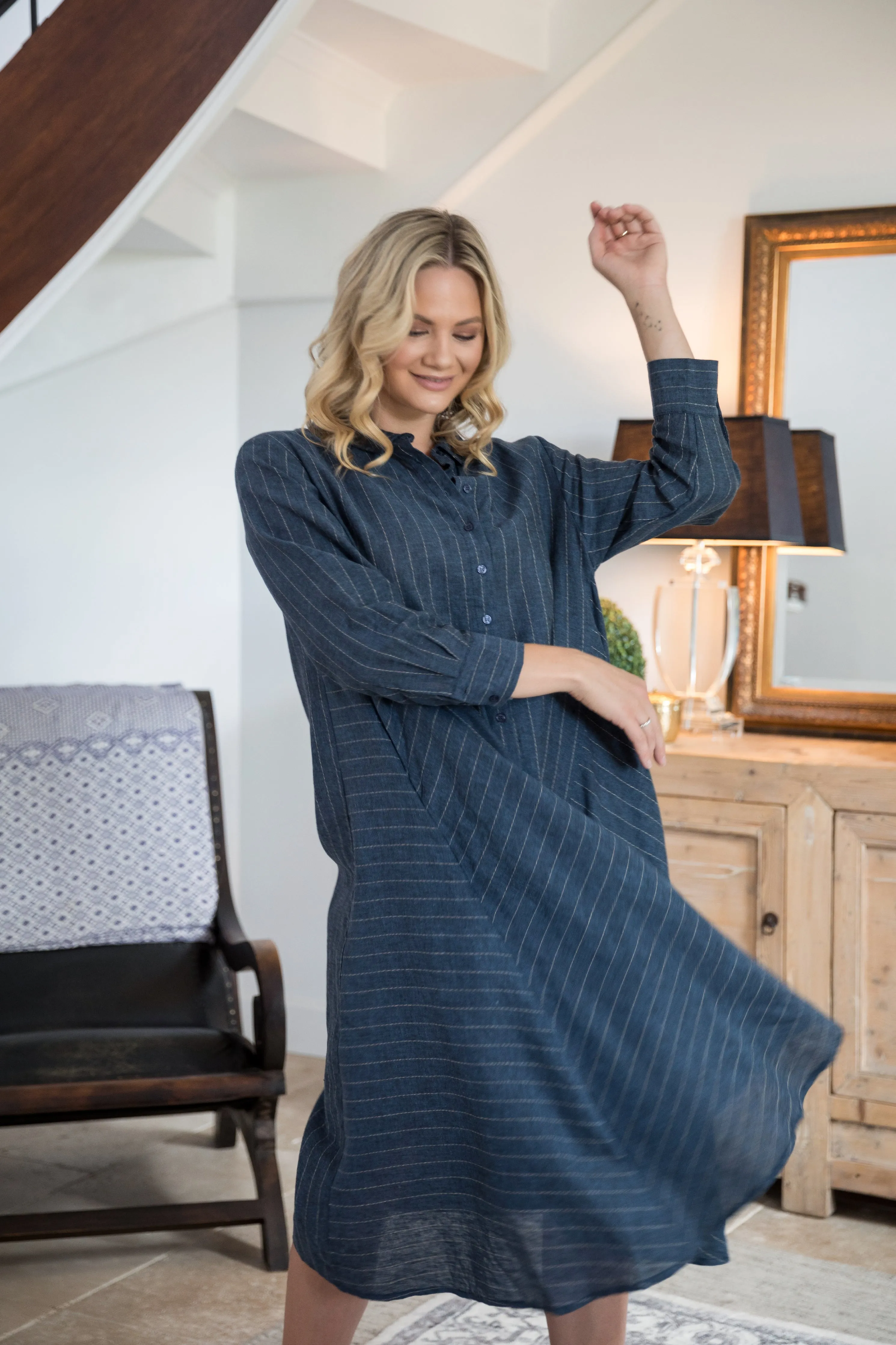 Cadillia Dress | Oxford Navy Pinstripe | FINAL SALE