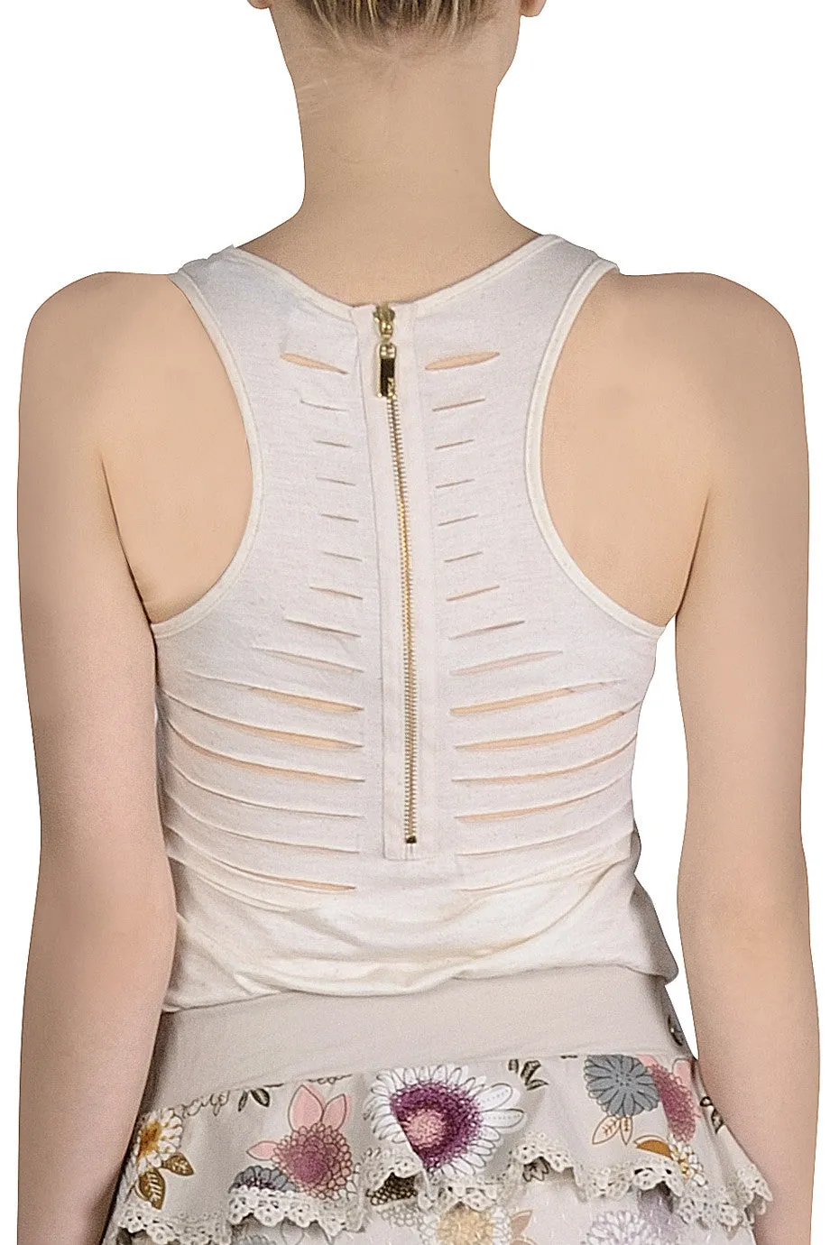 CARLOS MIELE SHREDDED Off White Tank Top